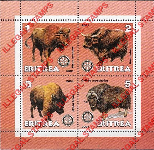 Eritrea 2001 Buffalo Counterfeit Illegal Stamp Souvenir Sheet of 4 Eritrea 2001 Buffalo Counterfeit Illegal Stamp Souvenir Sheet of 4